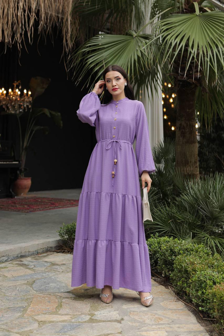 Waist Tunnelled Dress - Purple - modestanbul