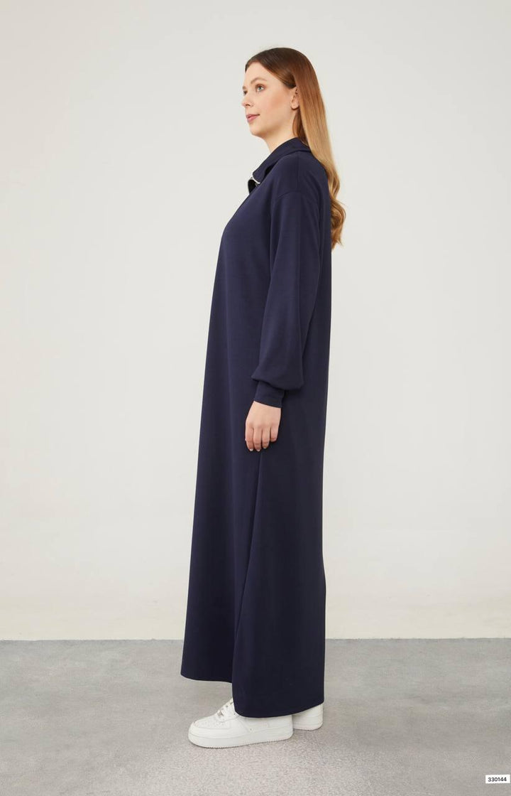 Collar Detail Swing Dress - Navy Blue - modestanbul