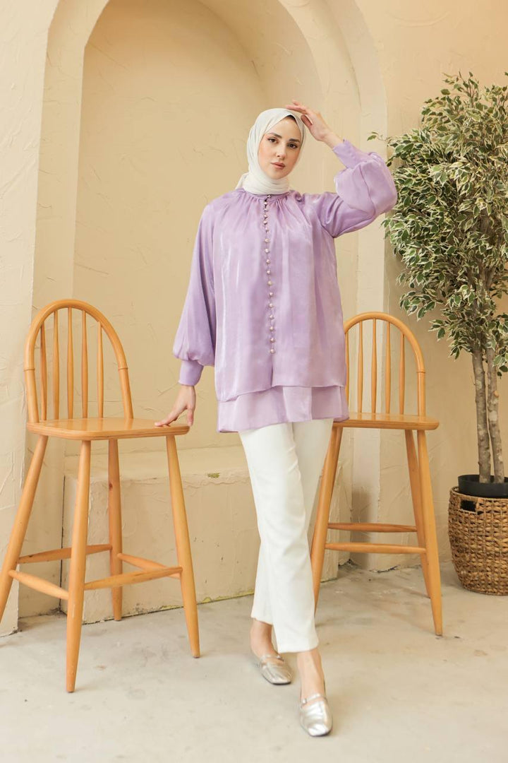 Front Buttoned Tunic - Lilac - modestanbul