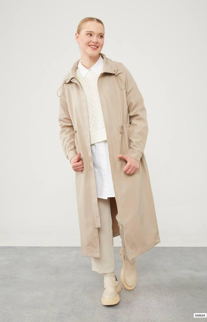 Top Collar Tunneled Trench Coat - Beige - modestanbul