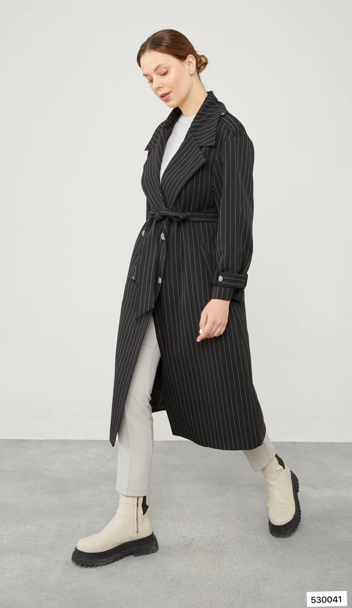 Striped Trench Coat - Black - modestanbul