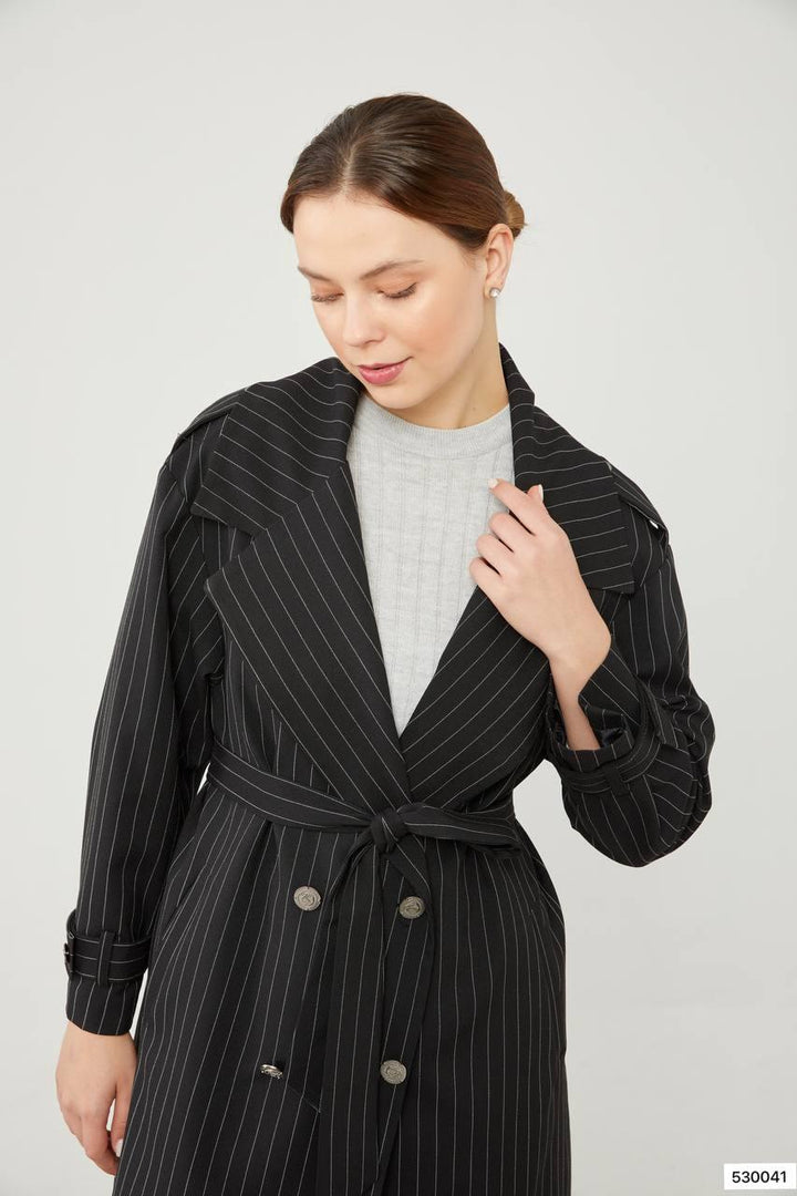 Striped Trench Coat - Black - modestanbul