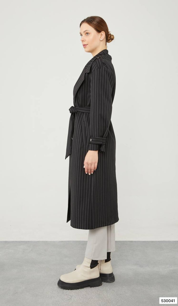 Striped Trench Coat - Black - modestanbul