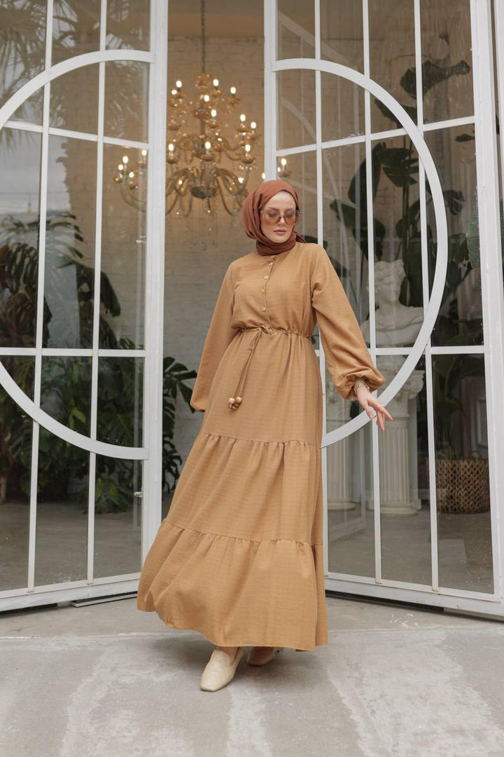 Waist Tunnelled Dress - Brown - modestanbul