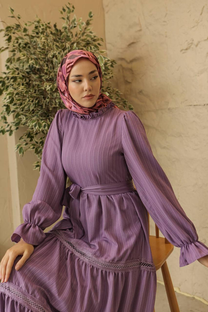 Dress with Lace Skirt - Purple - modestanbul