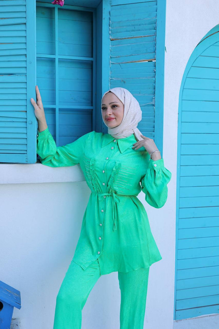 Ruffled Set with Pocket Stones - Green - modestanbul