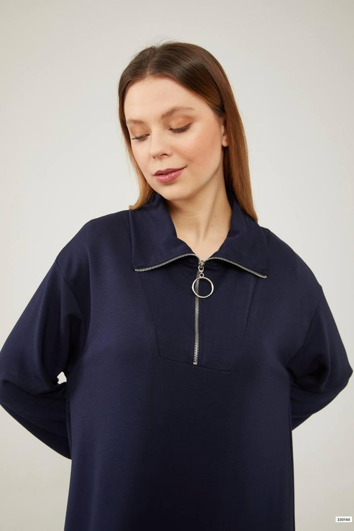 Collar Detail Swing Dress - Navy Blue - modestanbul