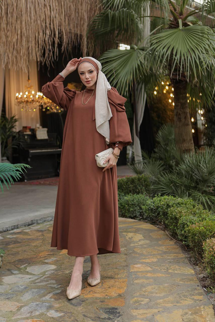 Aller Sleeve Dress - Brown - modestanbul