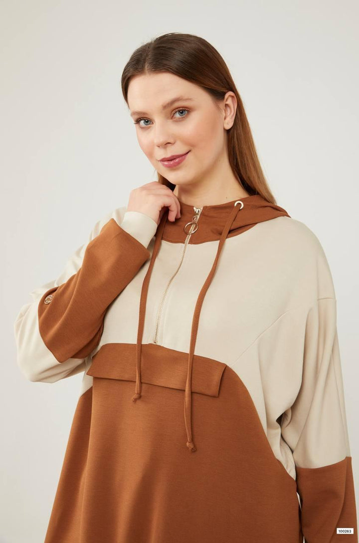 Sports Set with Ornamental Pocket - Brown-Beige - modestanbul