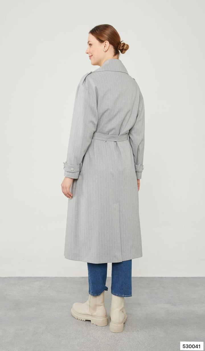 Striped Trench Coat - Grey - modestanbul