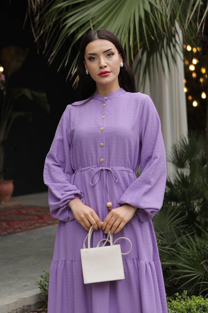 Waist Tunnelled Dress - Purple - modestanbul