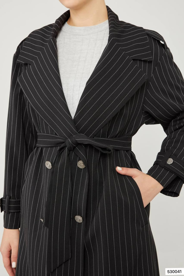 Striped Trench Coat - Black - modestanbul