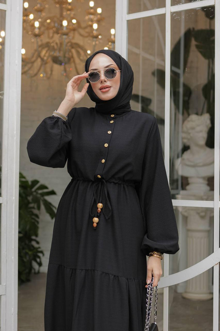 Waist Tunnelled Dress - Black - modestanbul