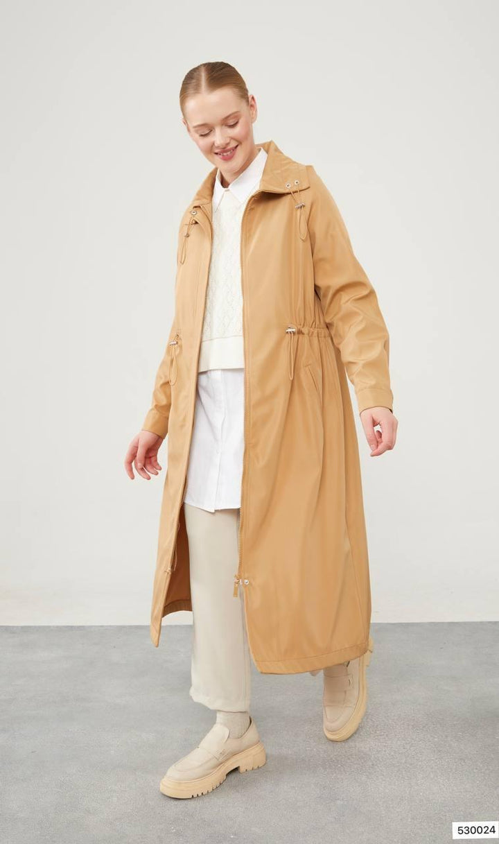 Top Collar Tunneled Trench Coat - Khaki - modestanbul