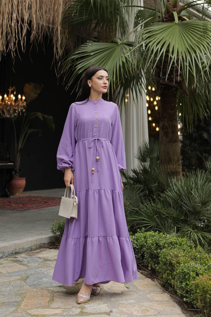 Waist Tunnelled Dress - Purple - modestanbul