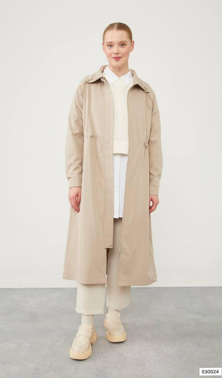 Top Collar Tunneled Trench Coat - Beige - modestanbul