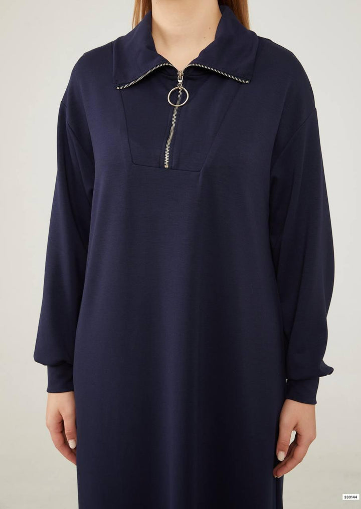 Collar Detail Swing Dress - Navy Blue - modestanbul