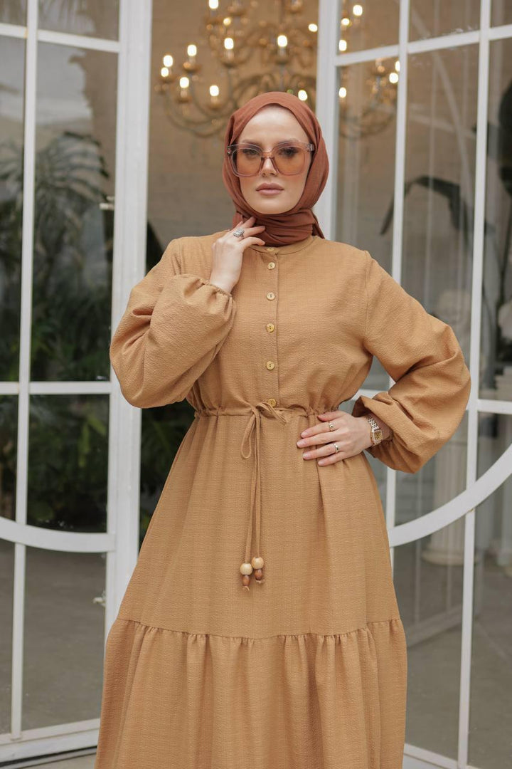 Waist Tunnelled Dress - Brown - modestanbul