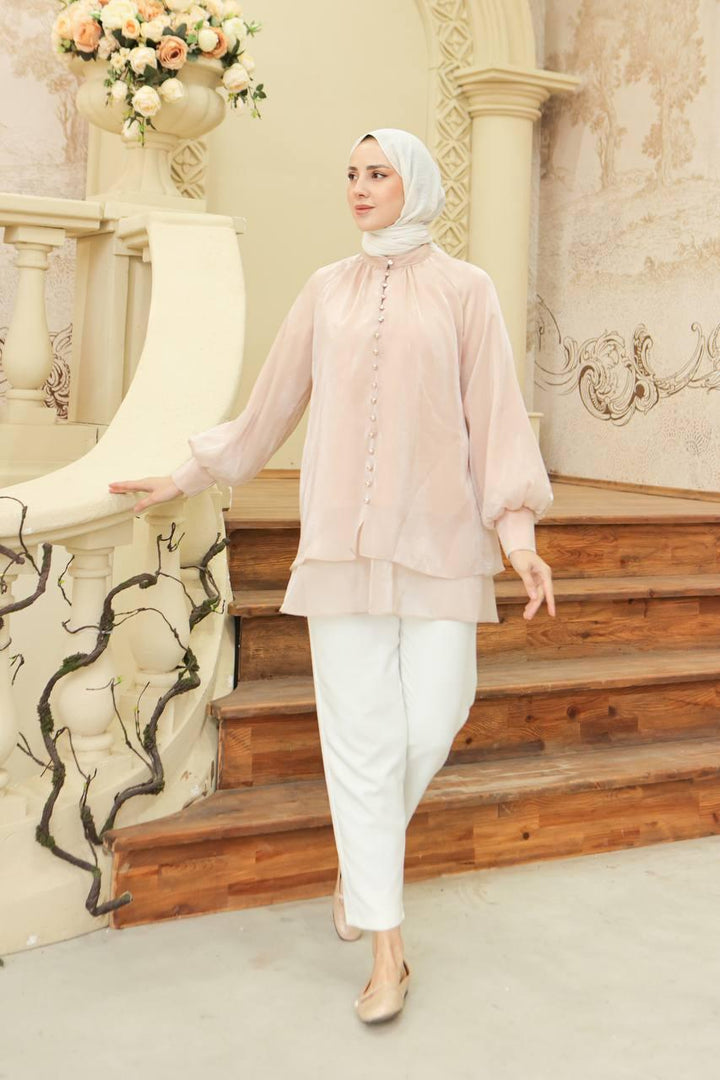 Front Buttoned Tunic - Beige - modestanbul