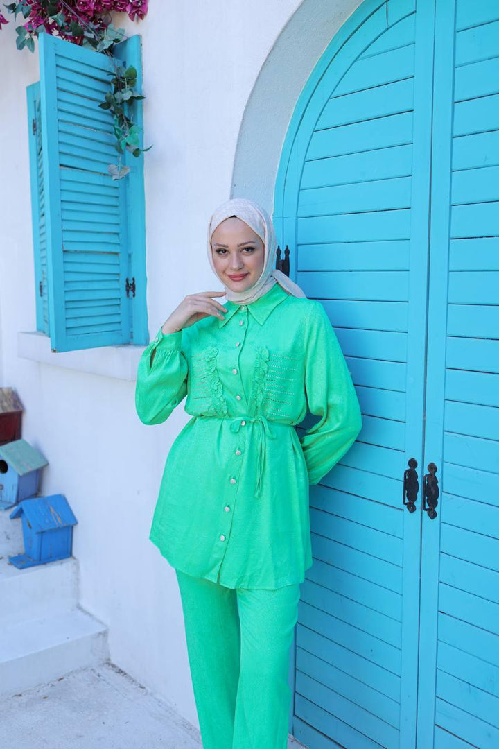 Ruffled Set with Pocket Stones - Green - modestanbul