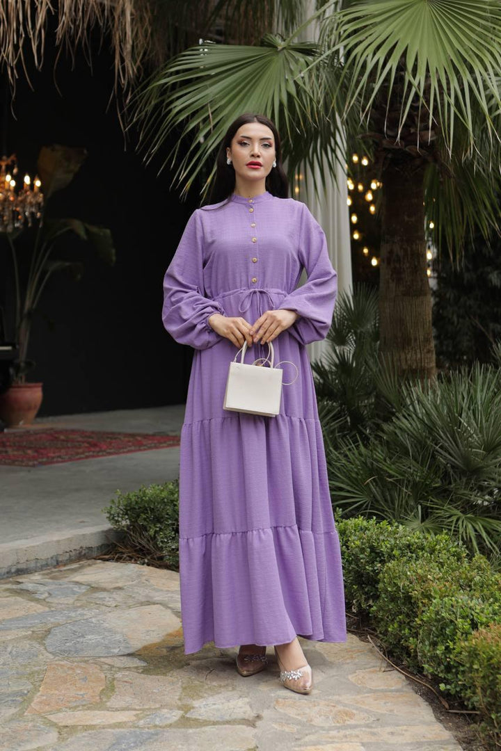 Waist Tunnelled Dress - Purple - modestanbul