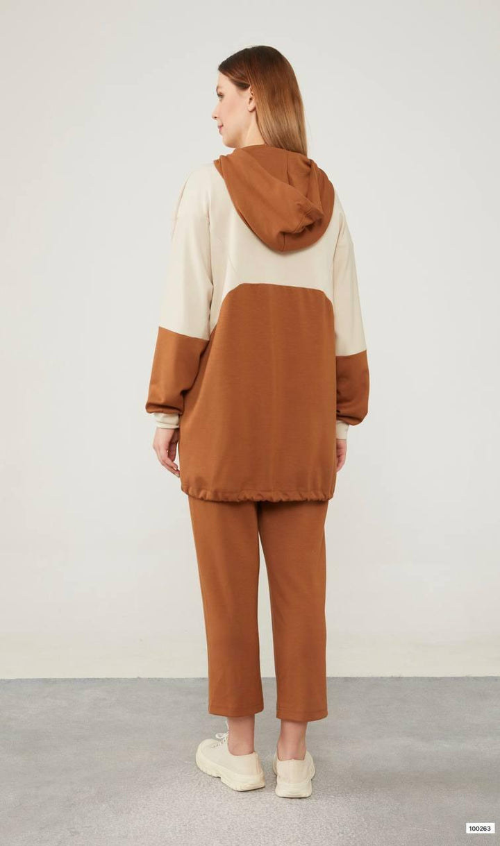 Sports Set with Ornamental Pocket - Brown-Beige - modestanbul