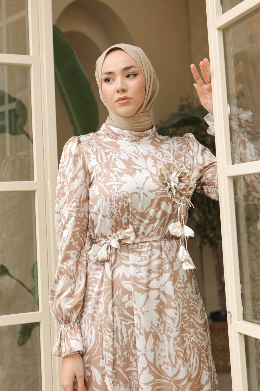 Satin Flower Pattern Dress - Brown - modestanbul