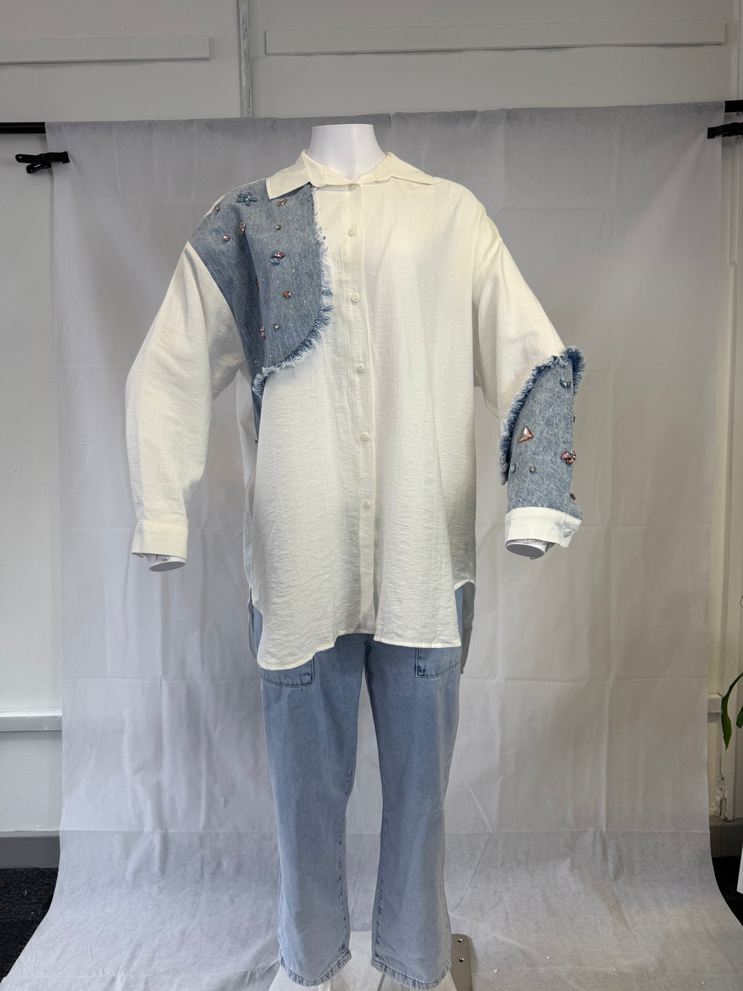 ikoll Boncuk Detaylı Leylak Rengi Denim Gömlek
