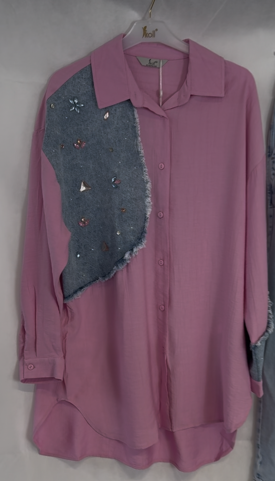 ikoll Boncuk Detaylı Leylak Rengi Denim Gömlek
