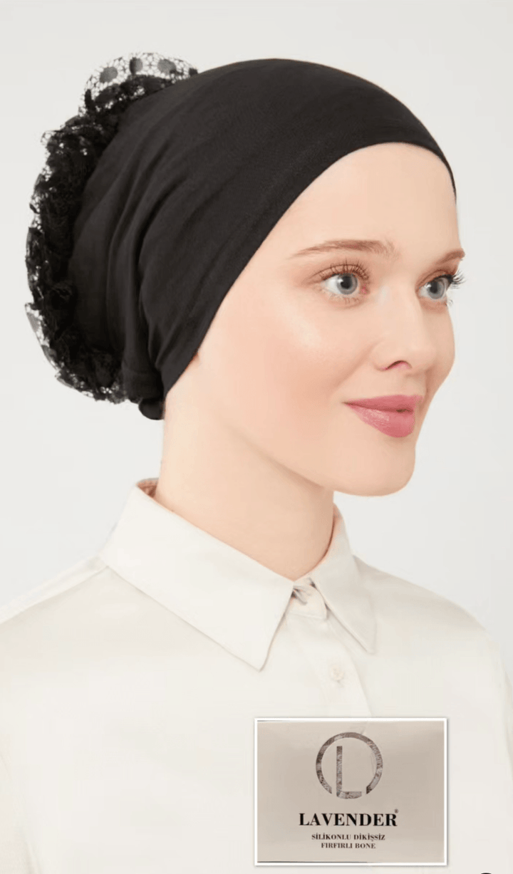 Frilled Combed Bonnet - Black - modestanbul