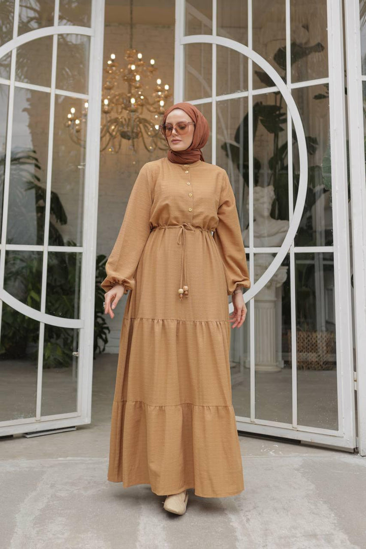 Waist Tunnelled Dress - Brown - modestanbul