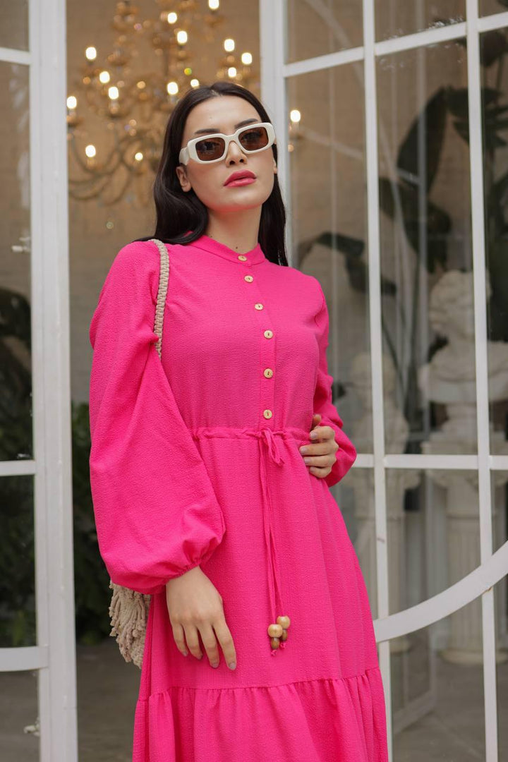 Waist Tunnelled Dress - Pink - modestanbul