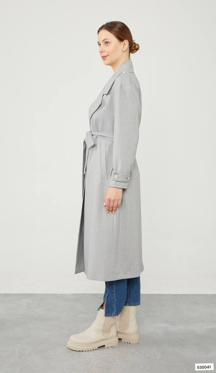 Striped Trench Coat - Grey - modestanbul