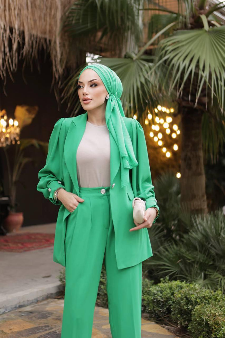 Pleated Sleeve Set - Green - modestanbul