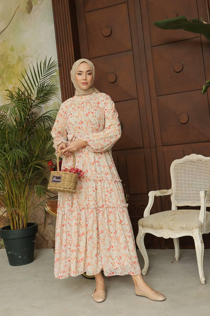 Crispy Pattern Dress - Coral - modestanbul