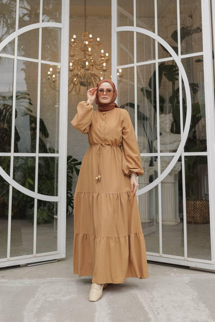 Waist Tunnelled Dress - Brown - modestanbul