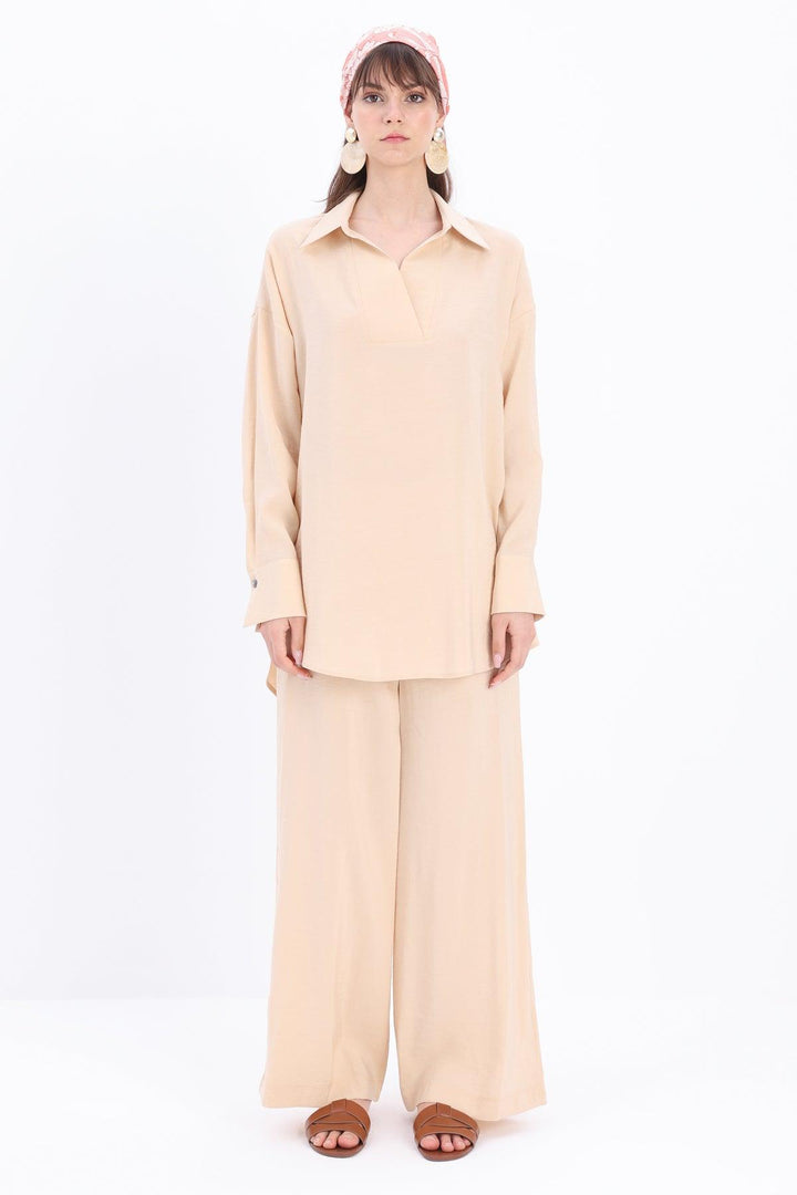 Long Modal Trouser Set - Beige - modestanbul