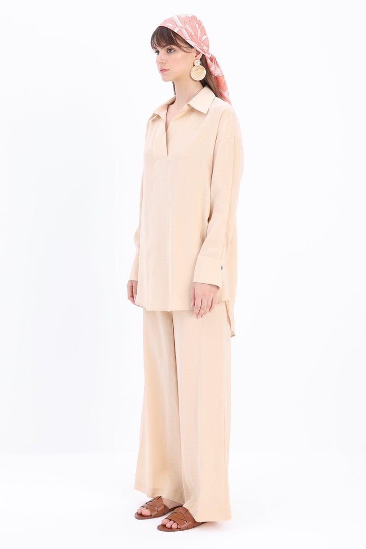 Long Modal Trouser Set - Beige - modestanbul