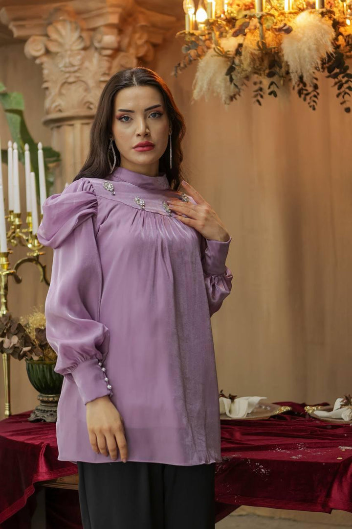 Damla Stone Accessory Dress - Lilac - modestanbul