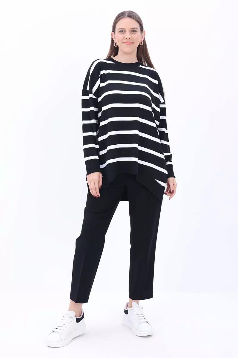 Crew Neck Striped Sweater Tunic - Black-White - modestanbul