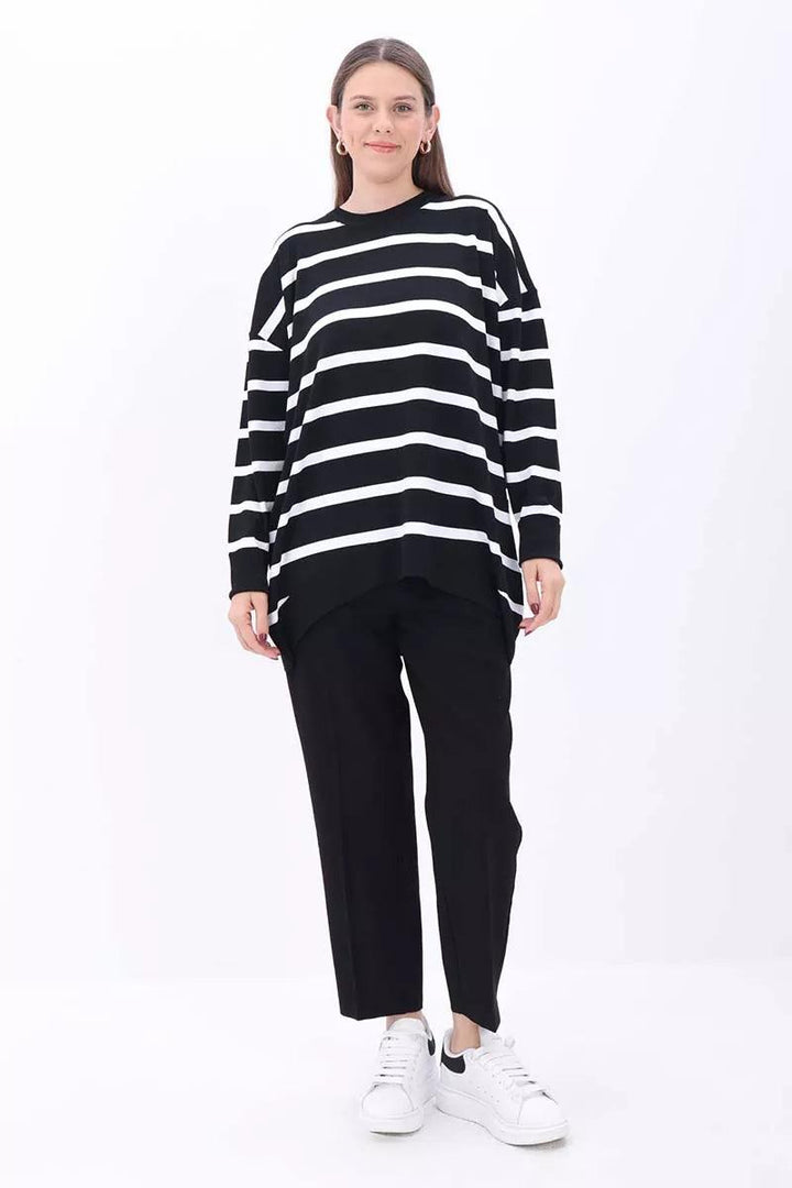 Crew Neck Striped Sweater Tunic - Black-White - modestanbul