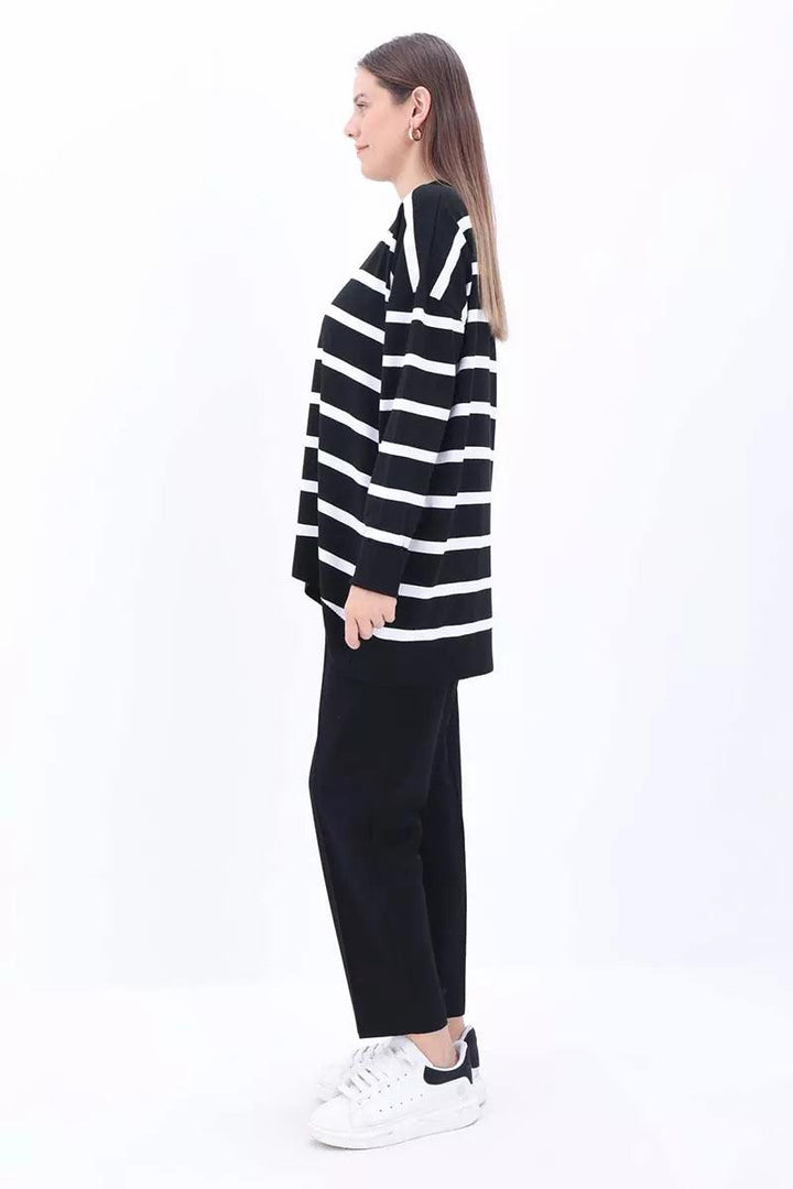 Crew Neck Striped Sweater Tunic - Black-White - modestanbul