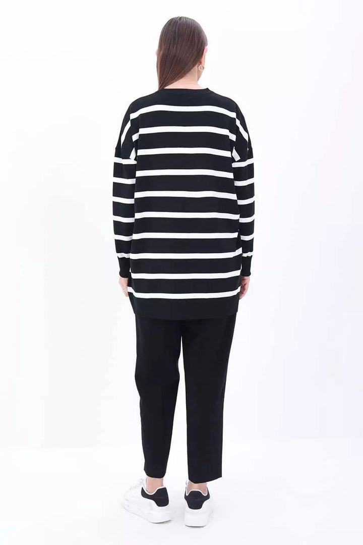 Crew Neck Striped Sweater Tunic - Black-White - modestanbul