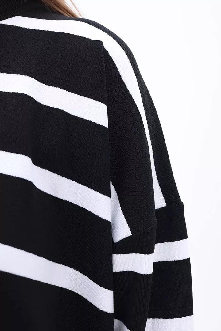 Crew Neck Striped Sweater Tunic - Black-White - modestanbul