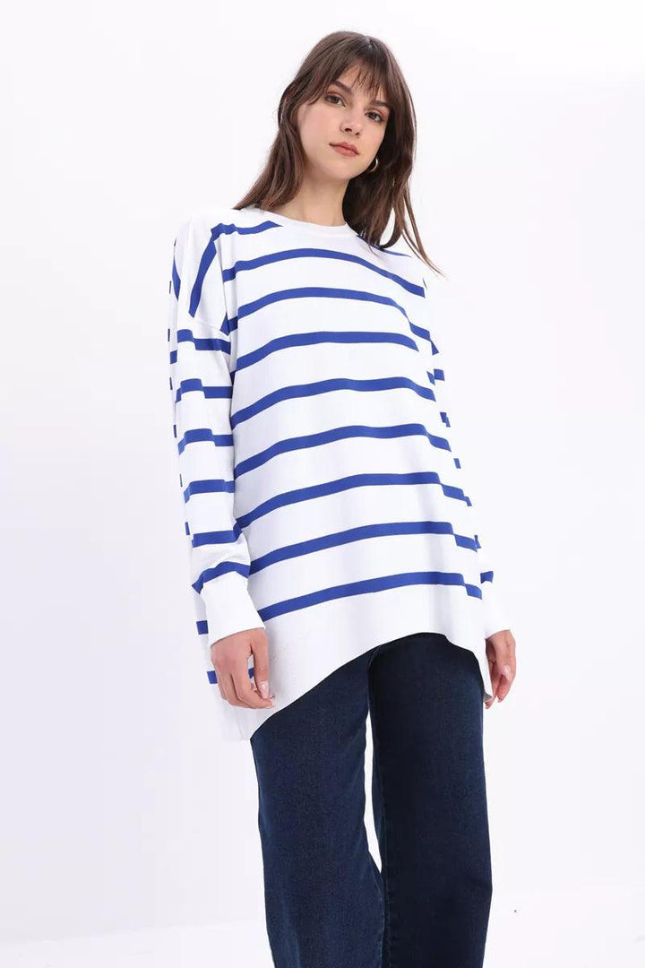 Crew Neck Striped Sweater Tunic - White-Sax - modestanbul