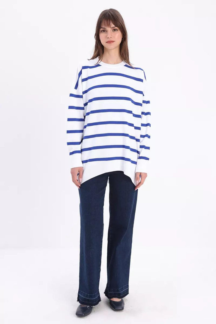 Crew Neck Striped Sweater Tunic - White-Sax - modestanbul