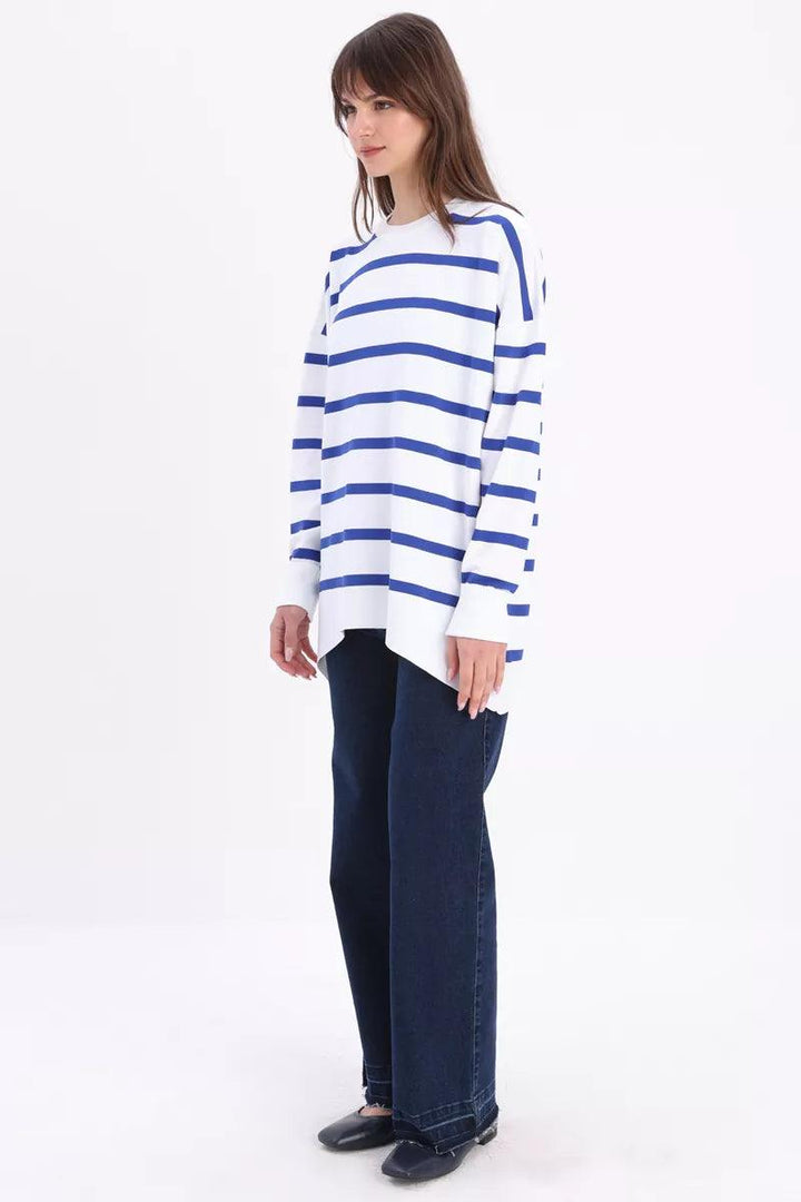 Crew Neck Striped Sweater Tunic - White-Sax - modestanbul