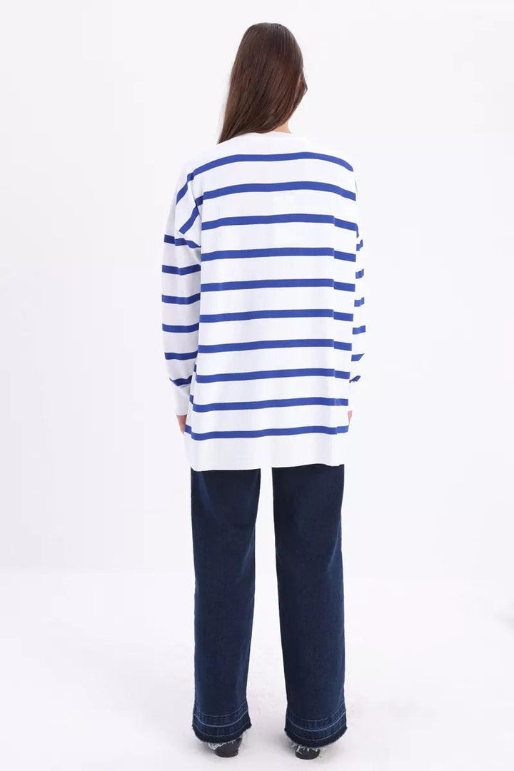 Crew Neck Striped Sweater Tunic - White-Sax - modestanbul