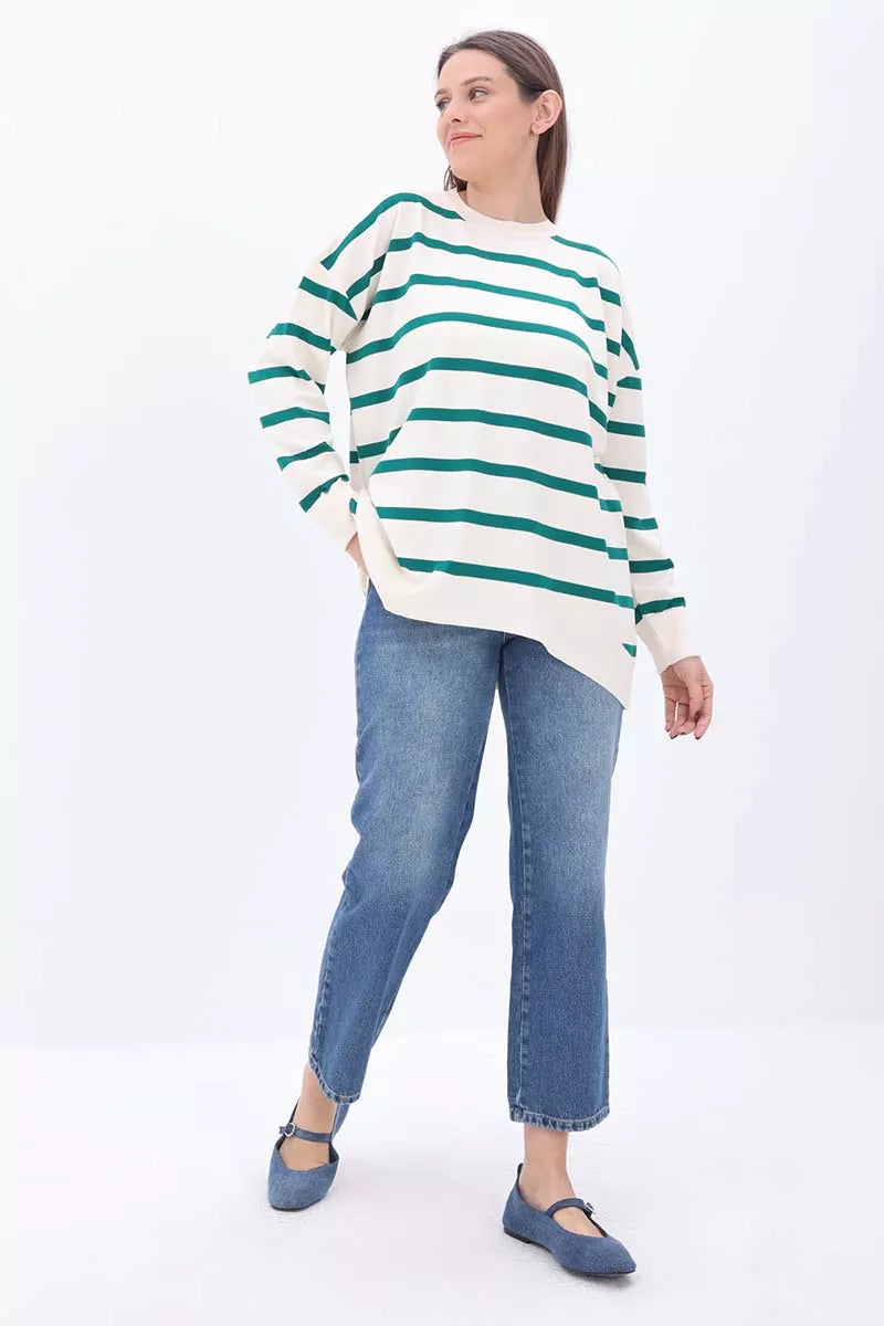 Crew Neck Striped Sweater Tunic - White-Emerald