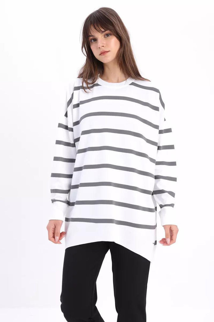 Crew Neck Striped Sweater Tunic - Ecru-Grey - modestanbul